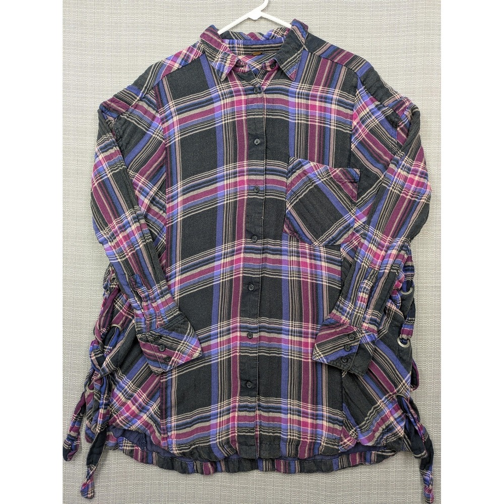 Free People Tunic Shirt Womens Medium Black Plaid Button Up Side Strap Detail - Picture 2 of 11